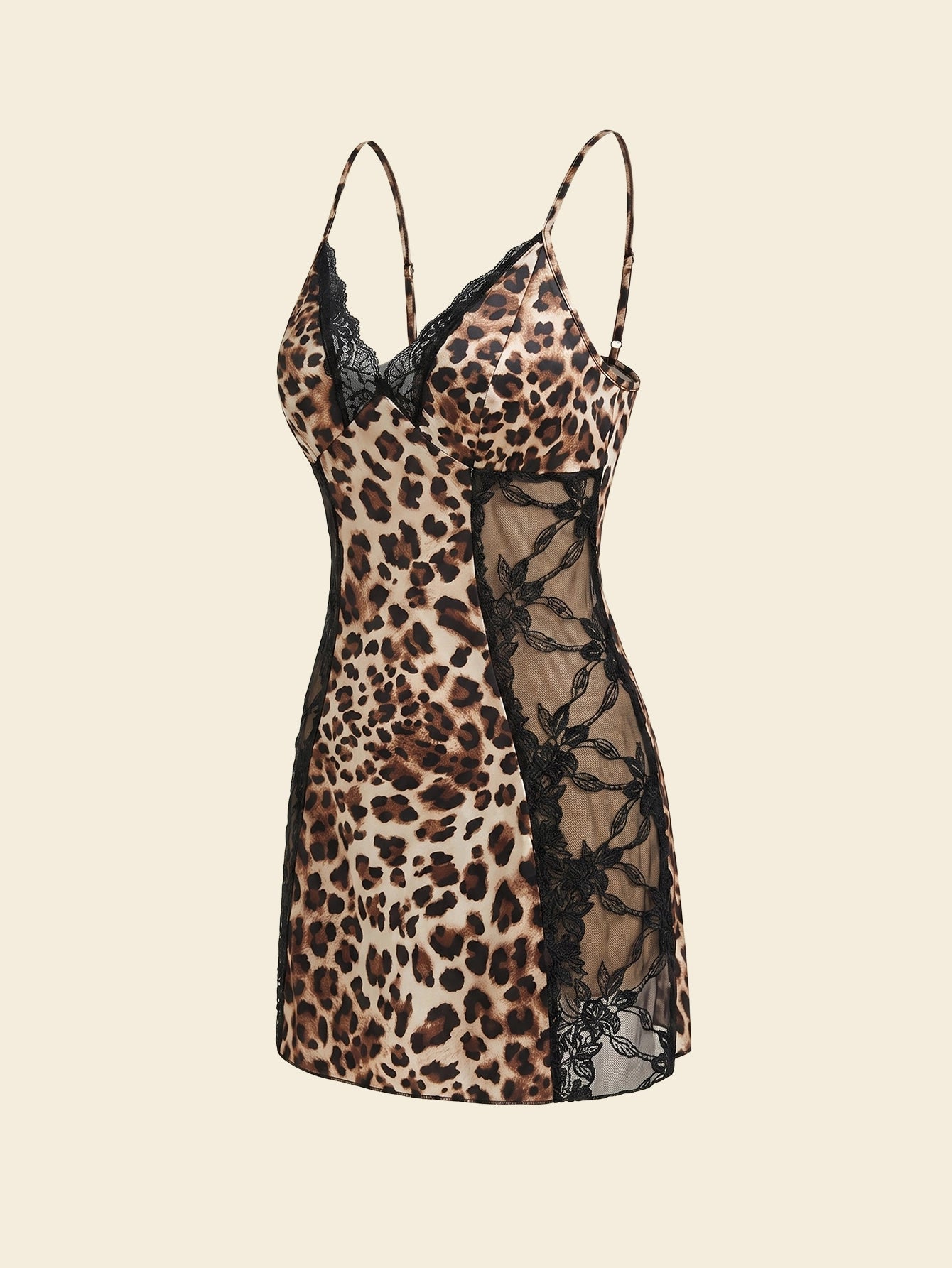 SHEIN Lingerie SilkySpell Leopard Print Satin Lace Patchwork Slip Nightdress
