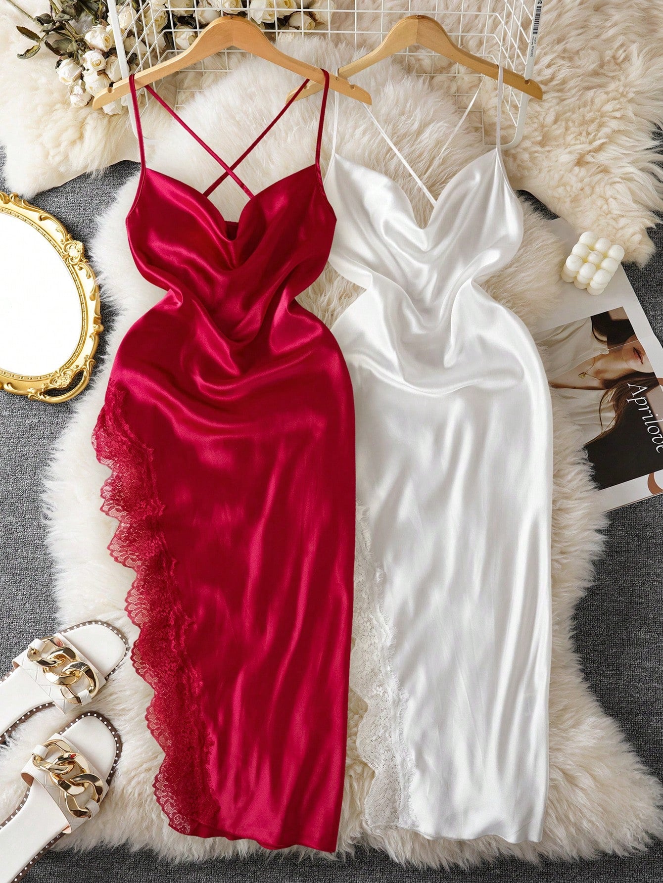 SHEIN Lingerie SilkySpell 2pcs Sexy Lace Slit Nightgown