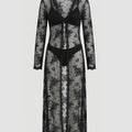 SHEIN Lingerie HautHeat Solid Sheer V-Neck Tie Front Long Sleeve Robe