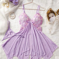 SHEIN Lingerie Light Purple Embroidered Sheer Nightgown Set