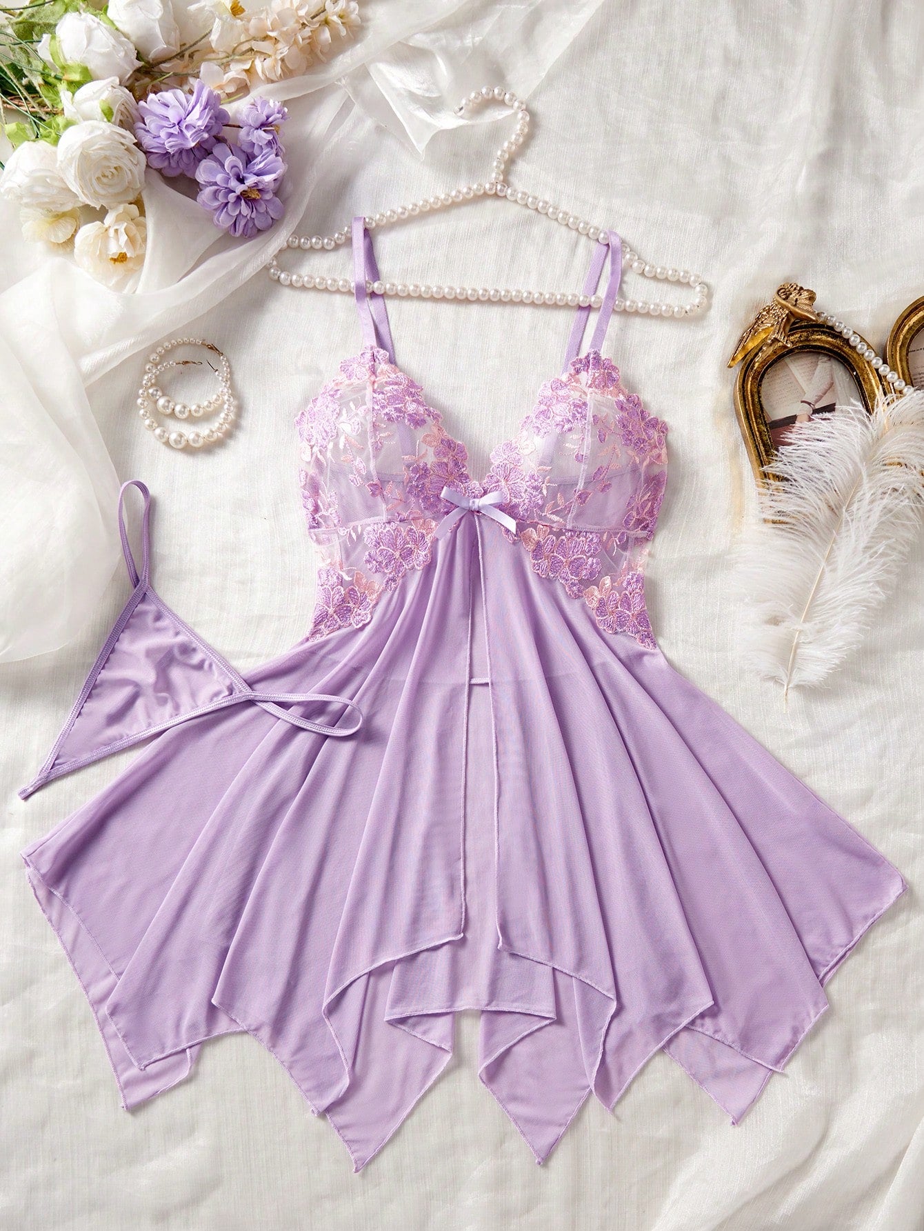 SHEIN Lingerie Light Purple Embroidered Sheer Nightgown Set