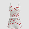 SHEIN Lingerie Lips Pattern Lace Splice Crop Top Bottoms Pajama Set White