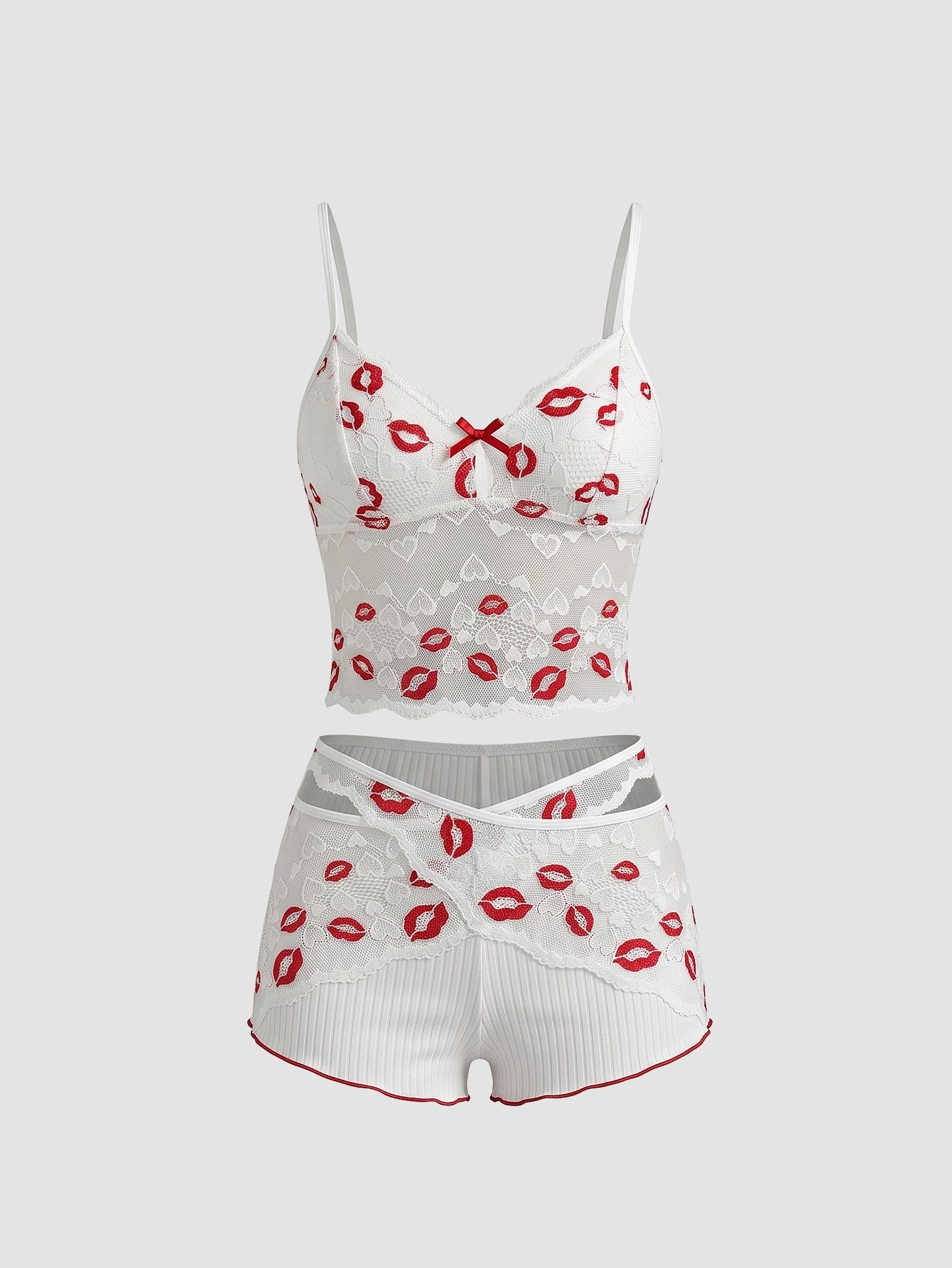 SHEIN Lingerie Lips Pattern Lace Splice Crop Top Bottoms Pajama Set White