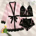 SHEIN Lingerie 3pcs Lace Bow Front Belted Pajama Set