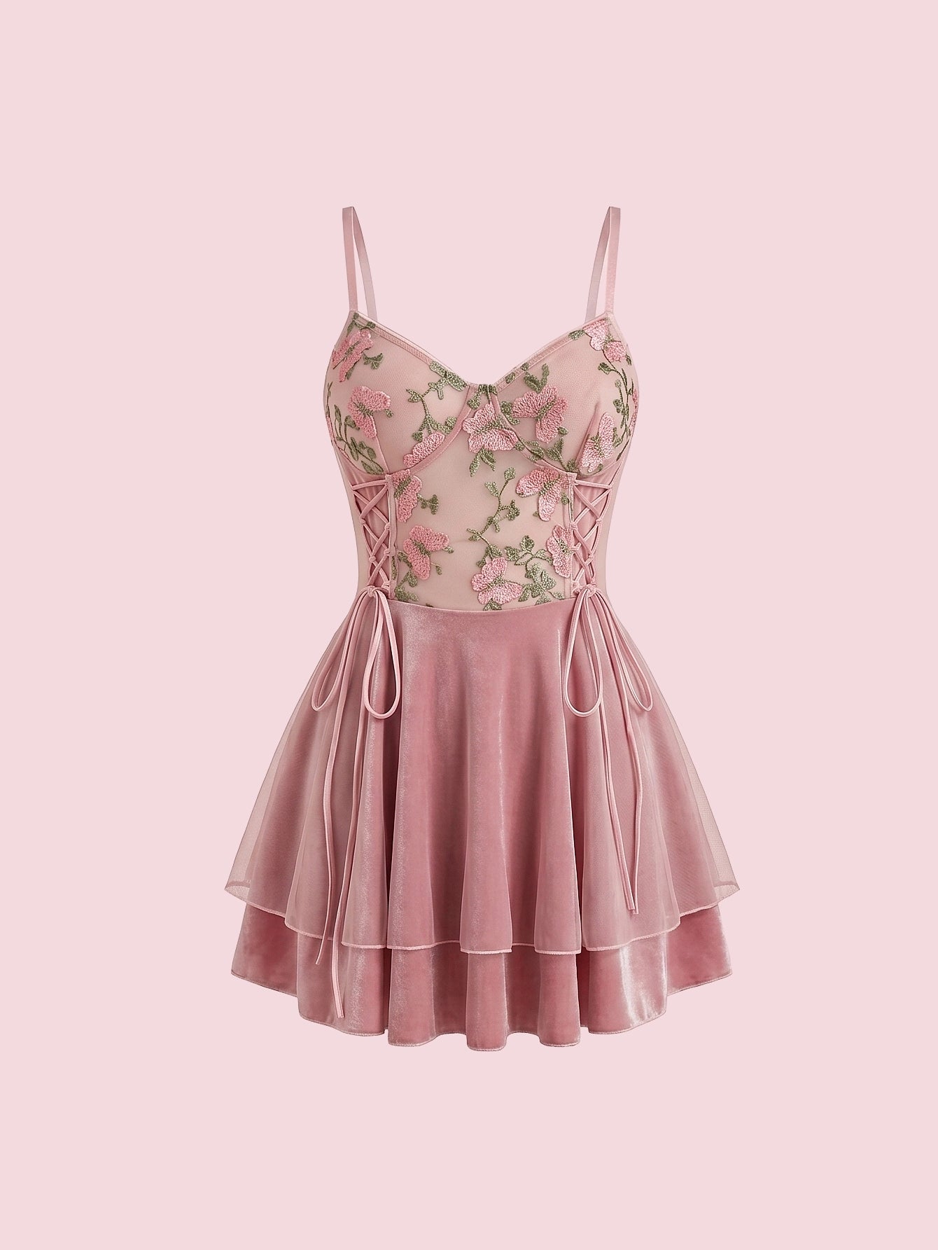 SHEIN Lingerie SHEIN Romantic Butterfly Embroidery Mesh Tie Up Velvet Skirt Dress Sleepwear