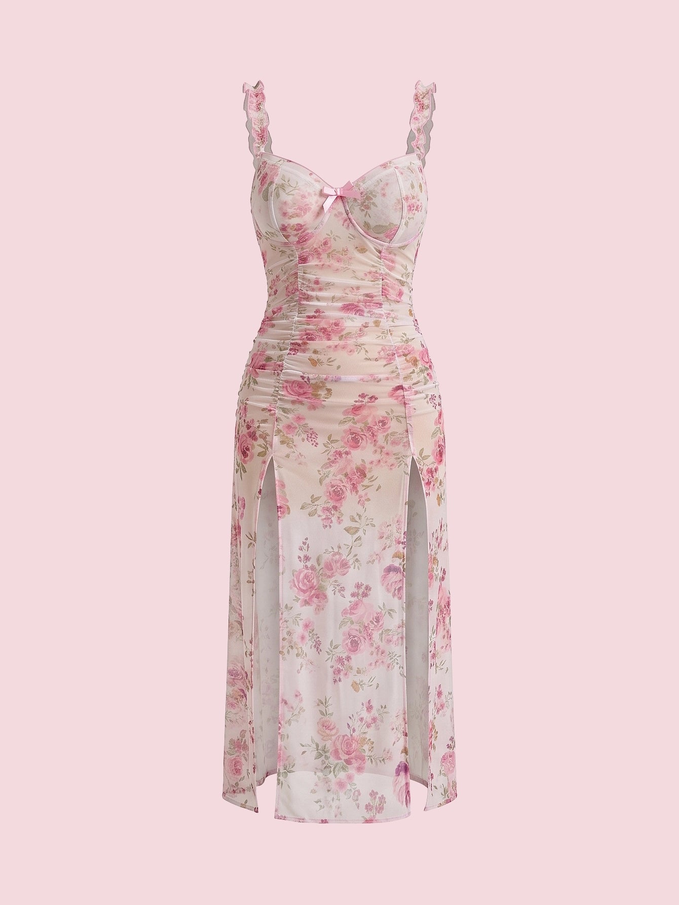 SHEIN Lingerie Bow Floral Print Spaghetti Strap Slit Nightgown Babydoll