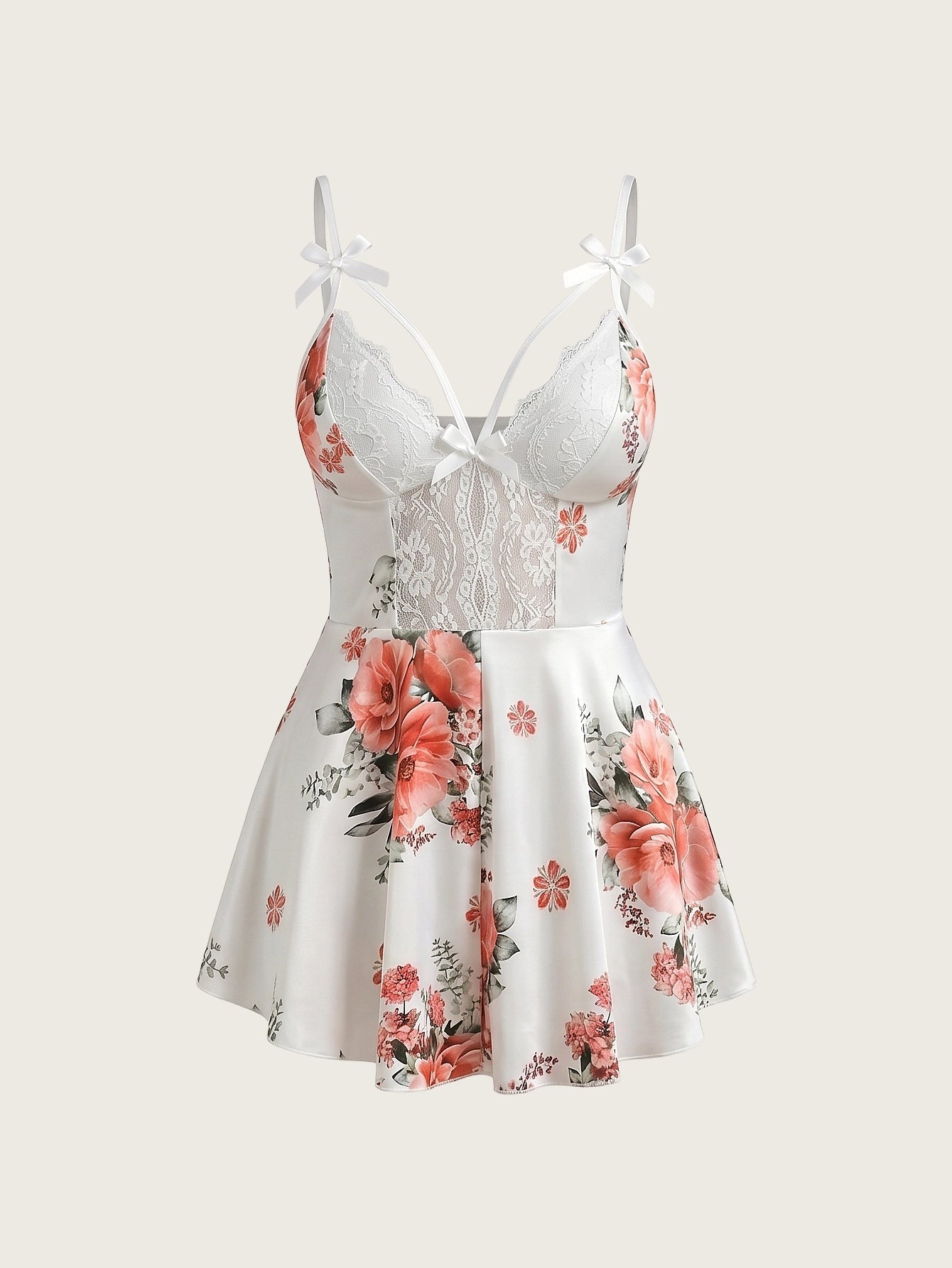 SHEIN Lingerie Floral Print Contrast Lace Cami Romper Bridal Lingerie