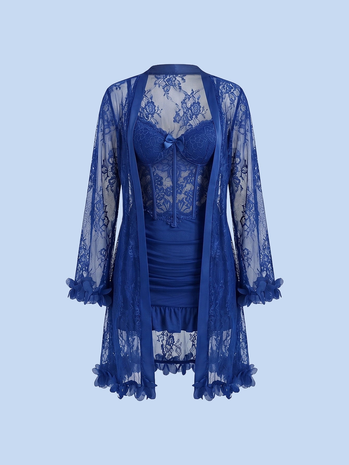 SHEIN Lingerie SHEIN 2pcs Lace Robe Floral Decor Cami Slip Dress Waist Cinching Set