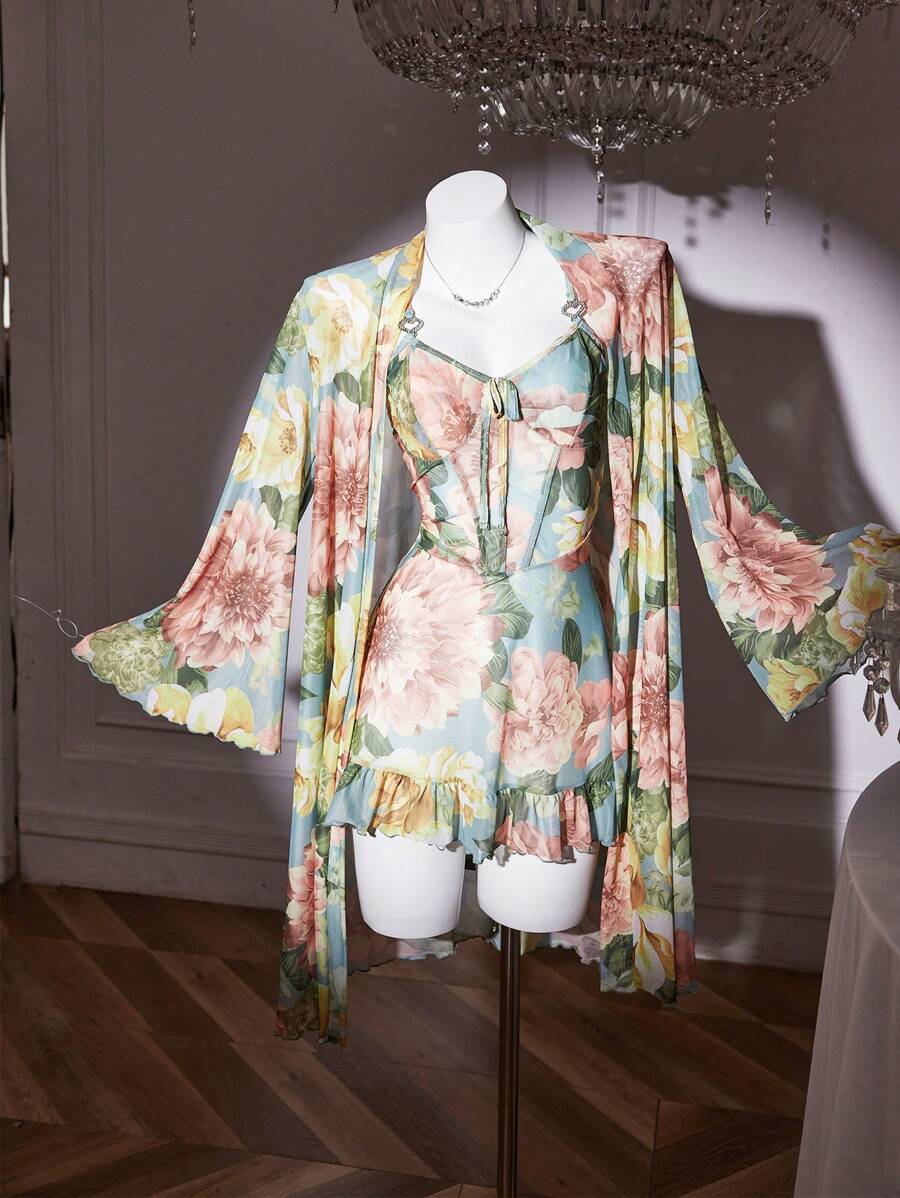 SHEIN Lingerie Slumberist Floral Print Lace Hem Cami Chemise Robe Set
