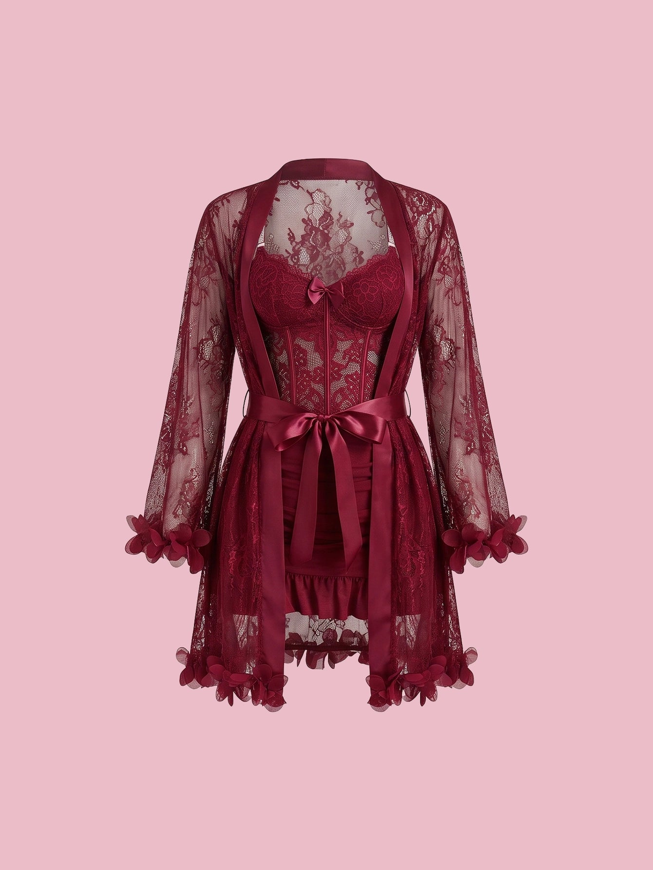 SHEIN Lingerie Slumberist 2pcs 3D Floral Lace Robe Camisole Nightgown Pajama Set