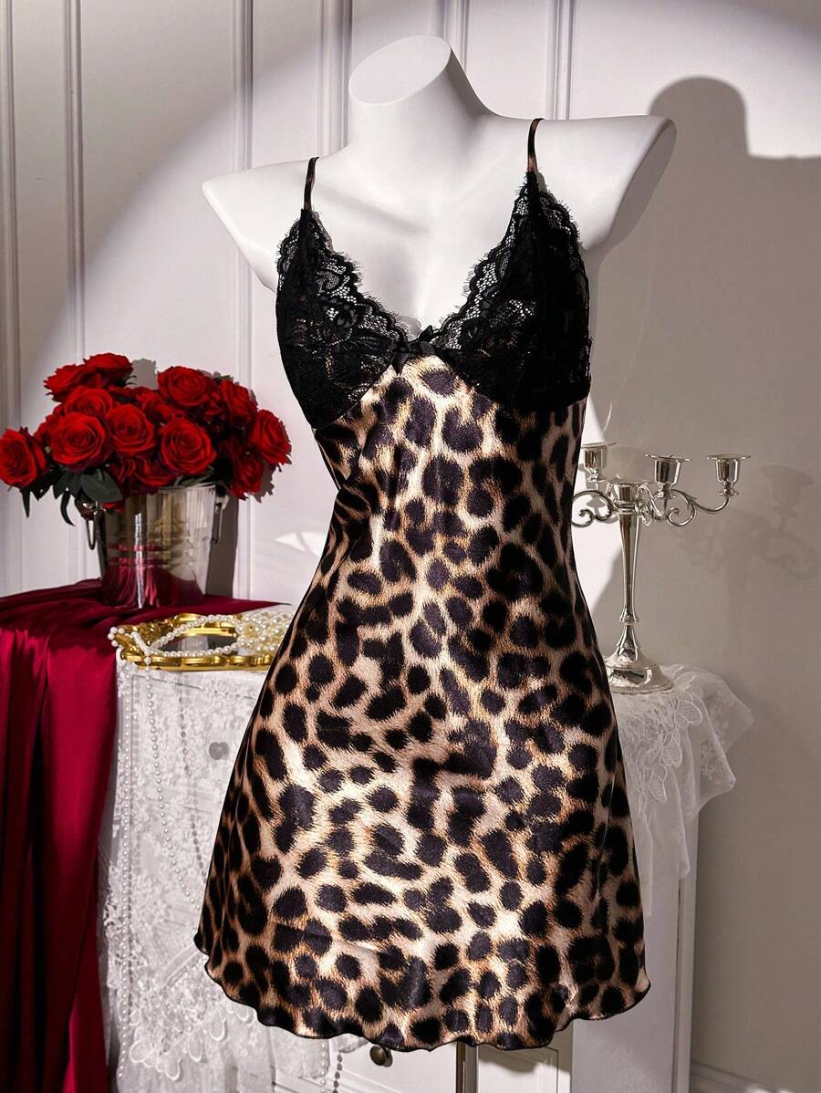 SHEIN Lingerie SilkySpell Lace Satin Deep V Leopard Print Slip Dress All Season