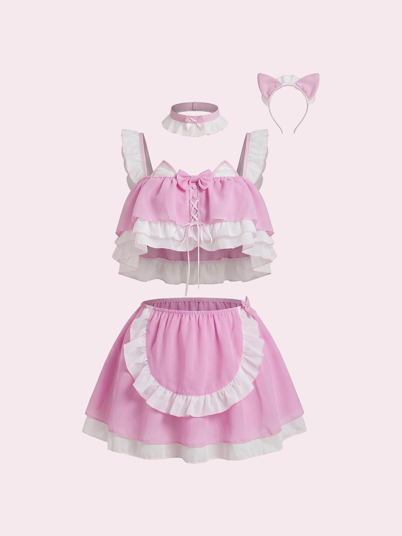 SHEIN Lingerie ROMWE Kawaii Kitty Girl Chiffon 6pcs Lingerie Clubwear Set