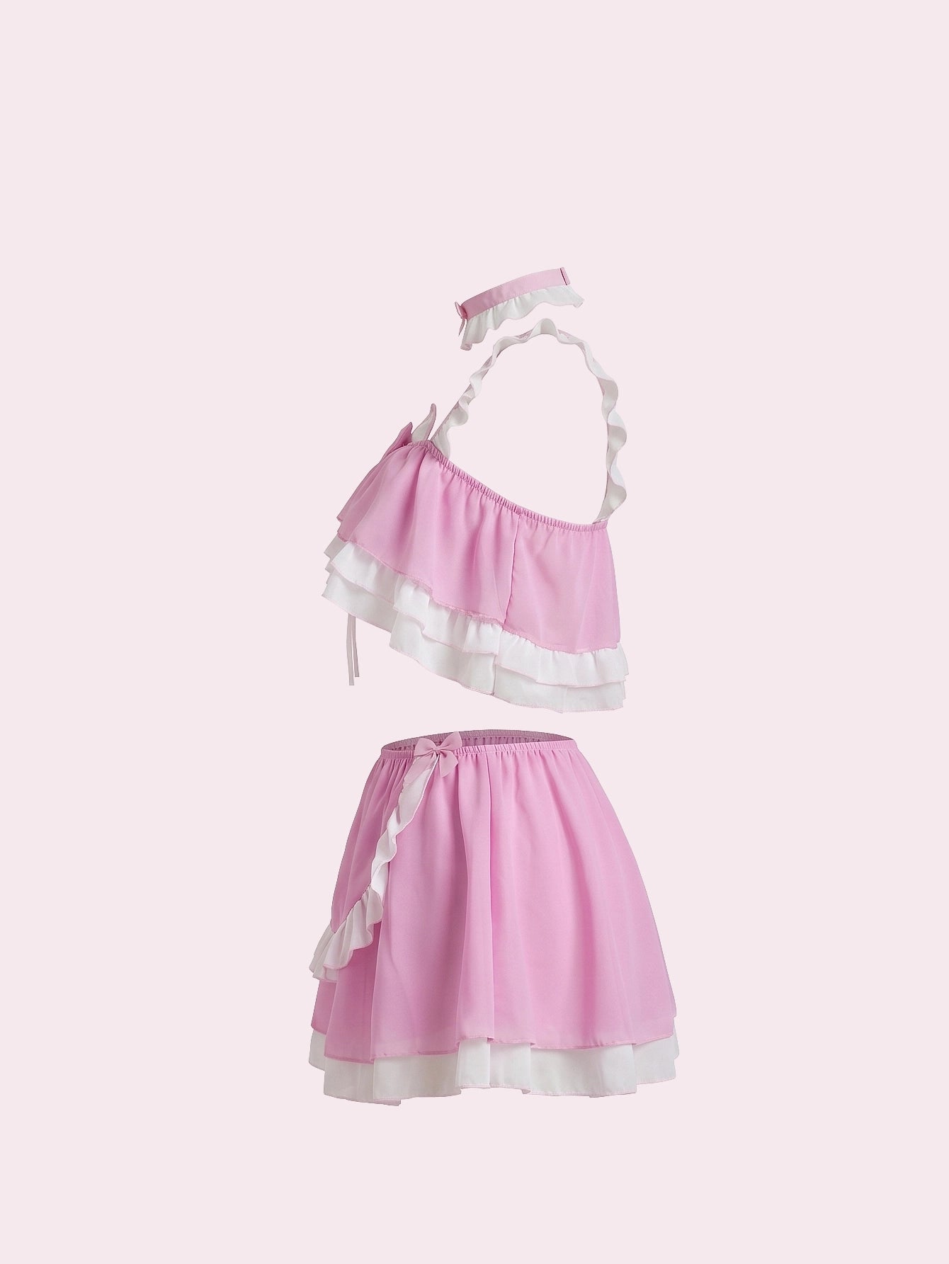 SHEIN Lingerie ROMWE Kawaii Kitty Girl Chiffon 6pcs Lingerie Clubwear Set