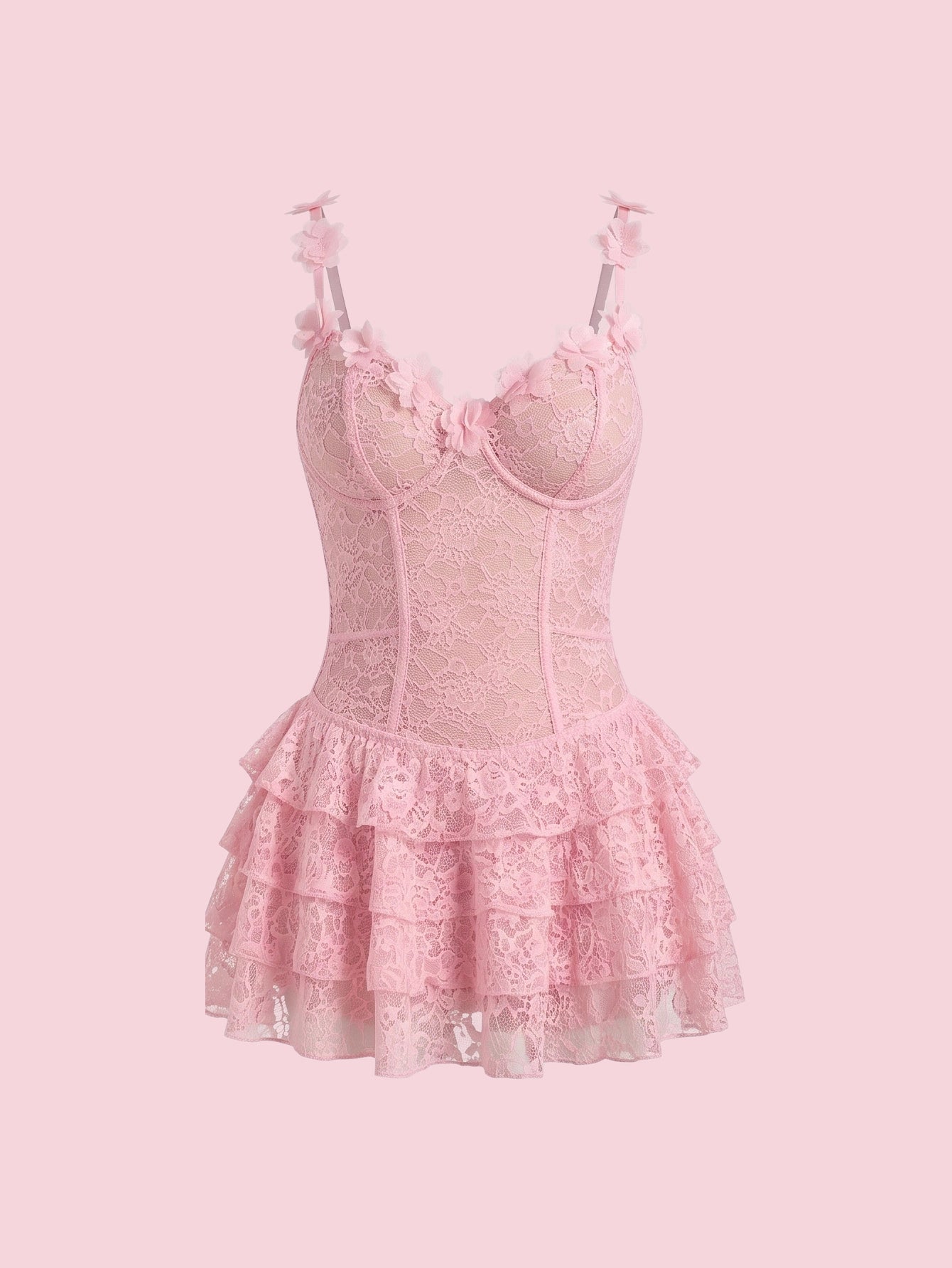 SHEIN Lingerie SHEIN Cute Pink Floral Lace Trim Fishtail Waist Cinching Nightgown