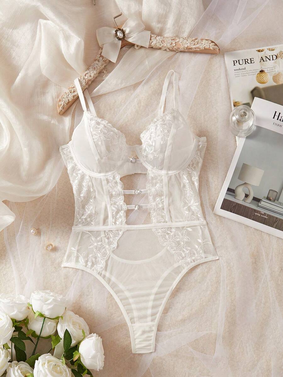 SHEIN Lingerie Floral Embroidery Mesh Bodysuit