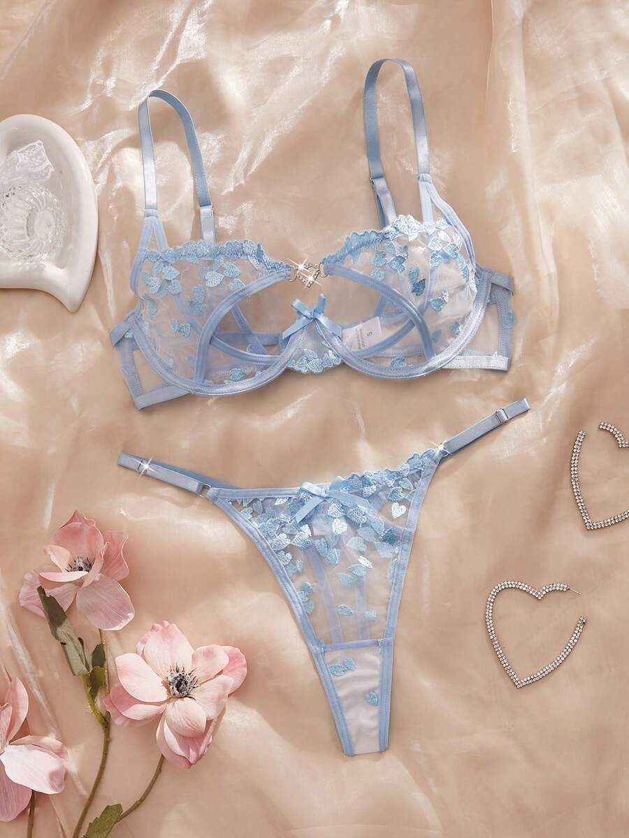 SHEIN Lingerie Crystal Vow 2pcs Floral Embroidery Mesh Underwire Bra Set