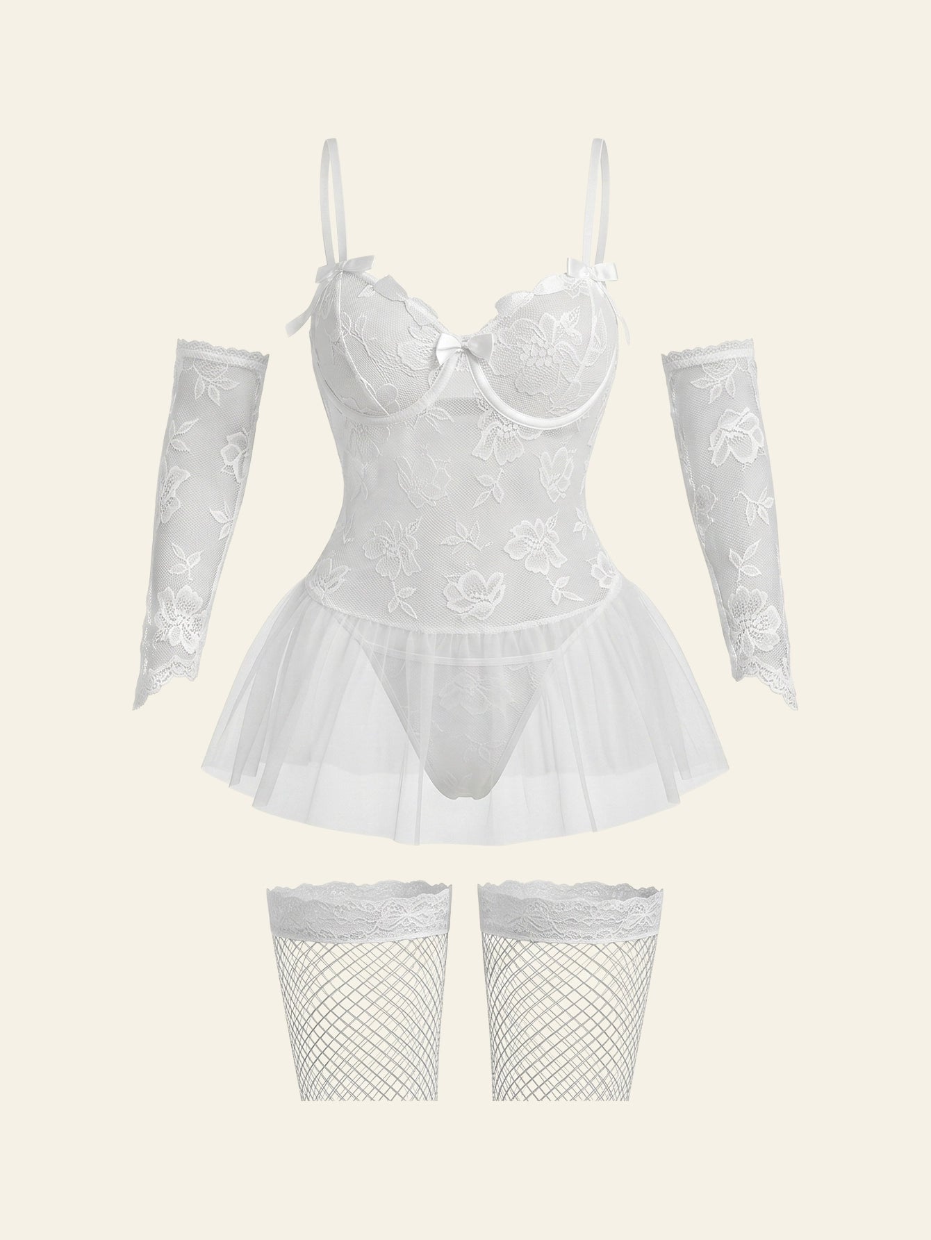 SHEIN Lingerie 6pcs Lace Contrast Mesh Underwire Nightgown G-String Gloves Stockings Set