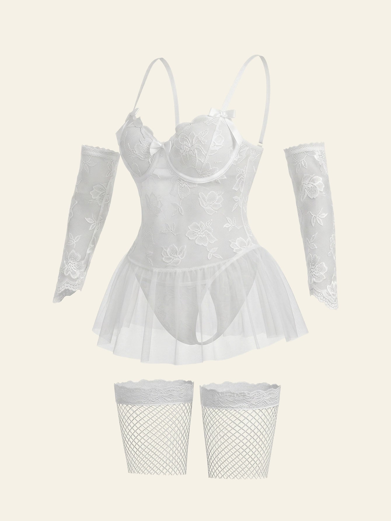 SHEIN Lingerie 6pcs Lace Contrast Mesh Underwire Nightgown G-String Gloves Stockings Set