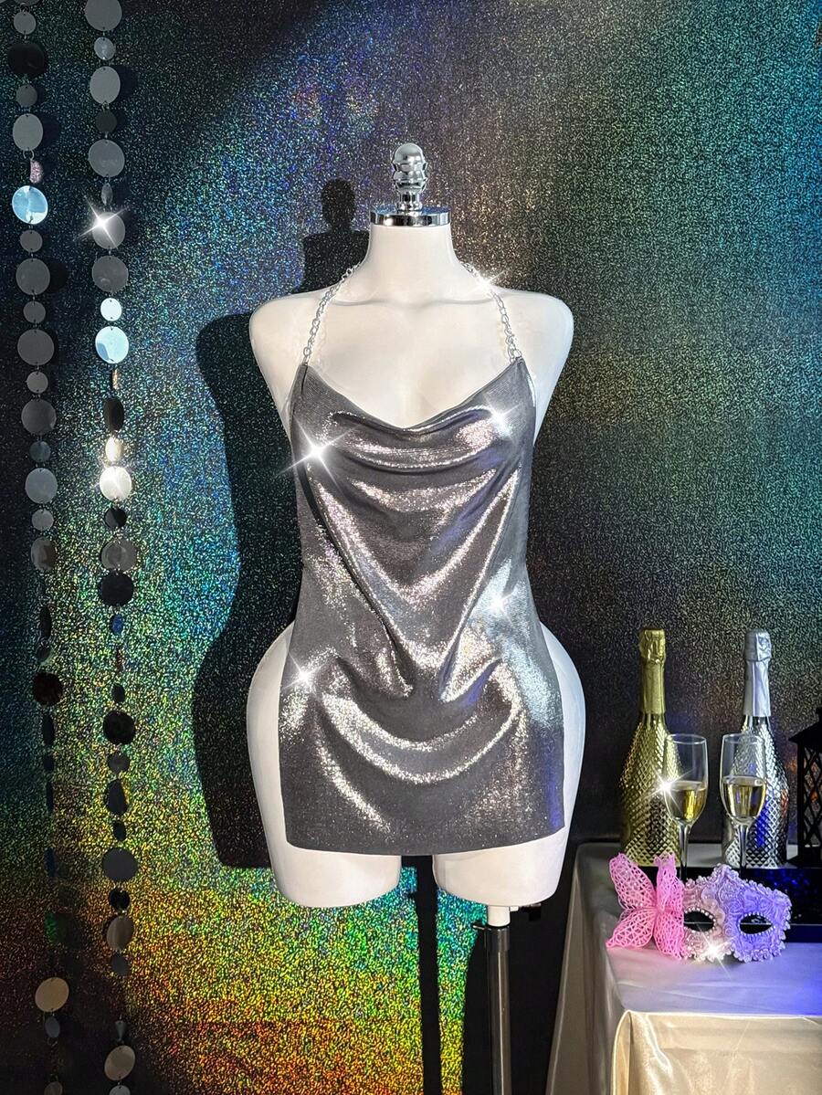 SHEIN Lingerie MidnightGlam 2pcs Silver Sexy Nightgown Lingerie Valentine's Wedding Set