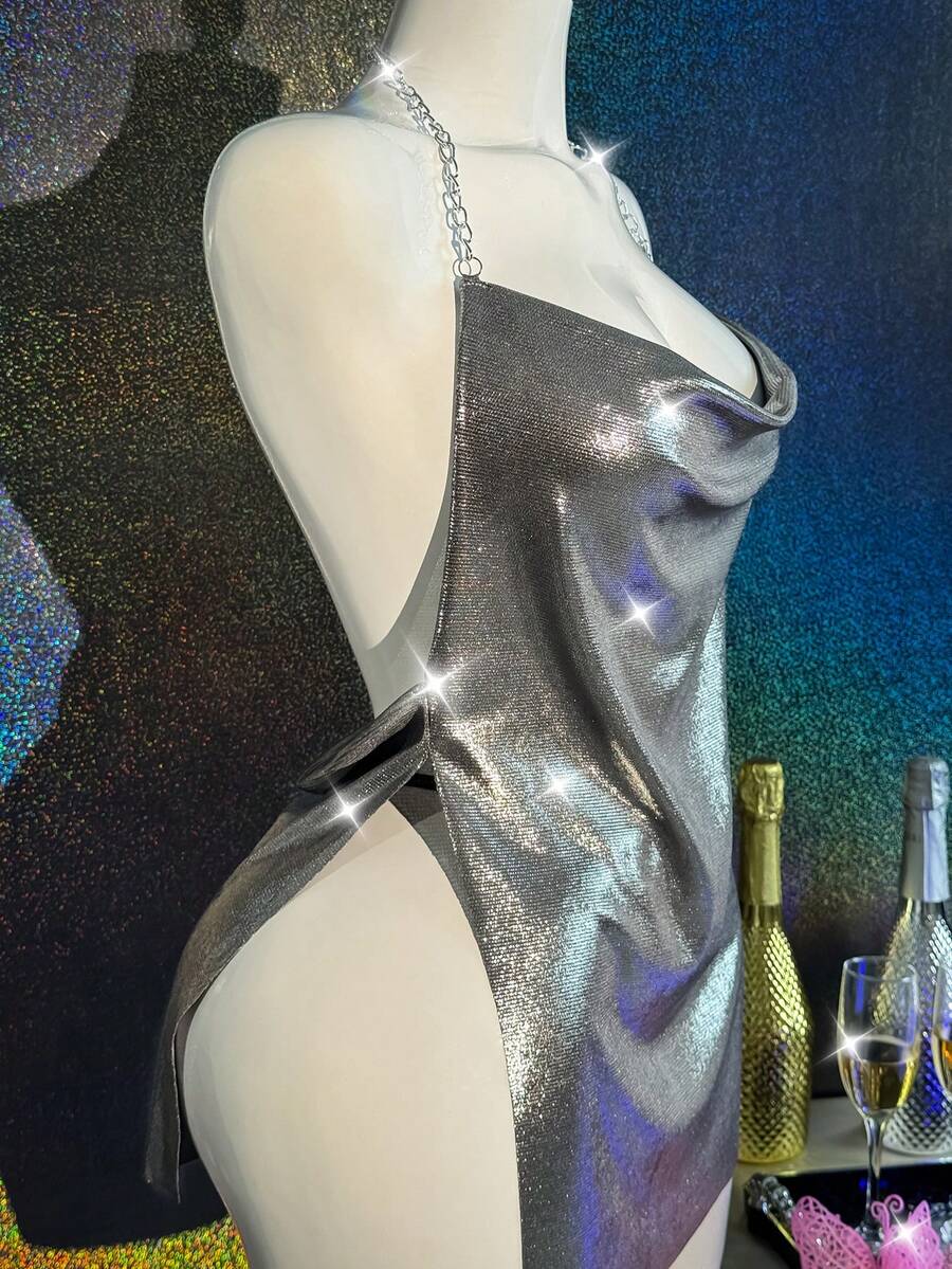SHEIN Lingerie MidnightGlam 2pcs Silver Sexy Nightgown Lingerie Valentine's Wedding Set