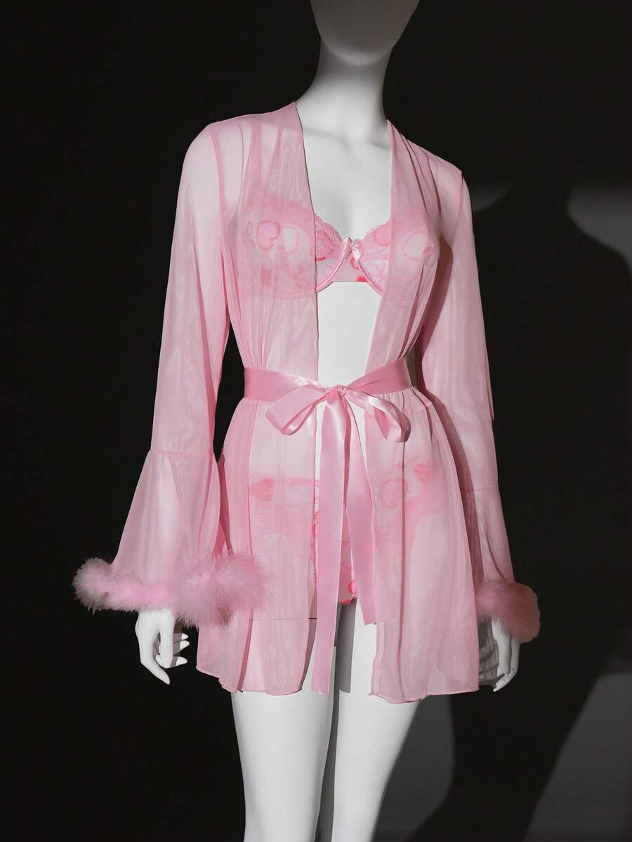 SHEIN Lingerie Seduluxe 4pcs Valentine Date Night Thong Robe Belt Set