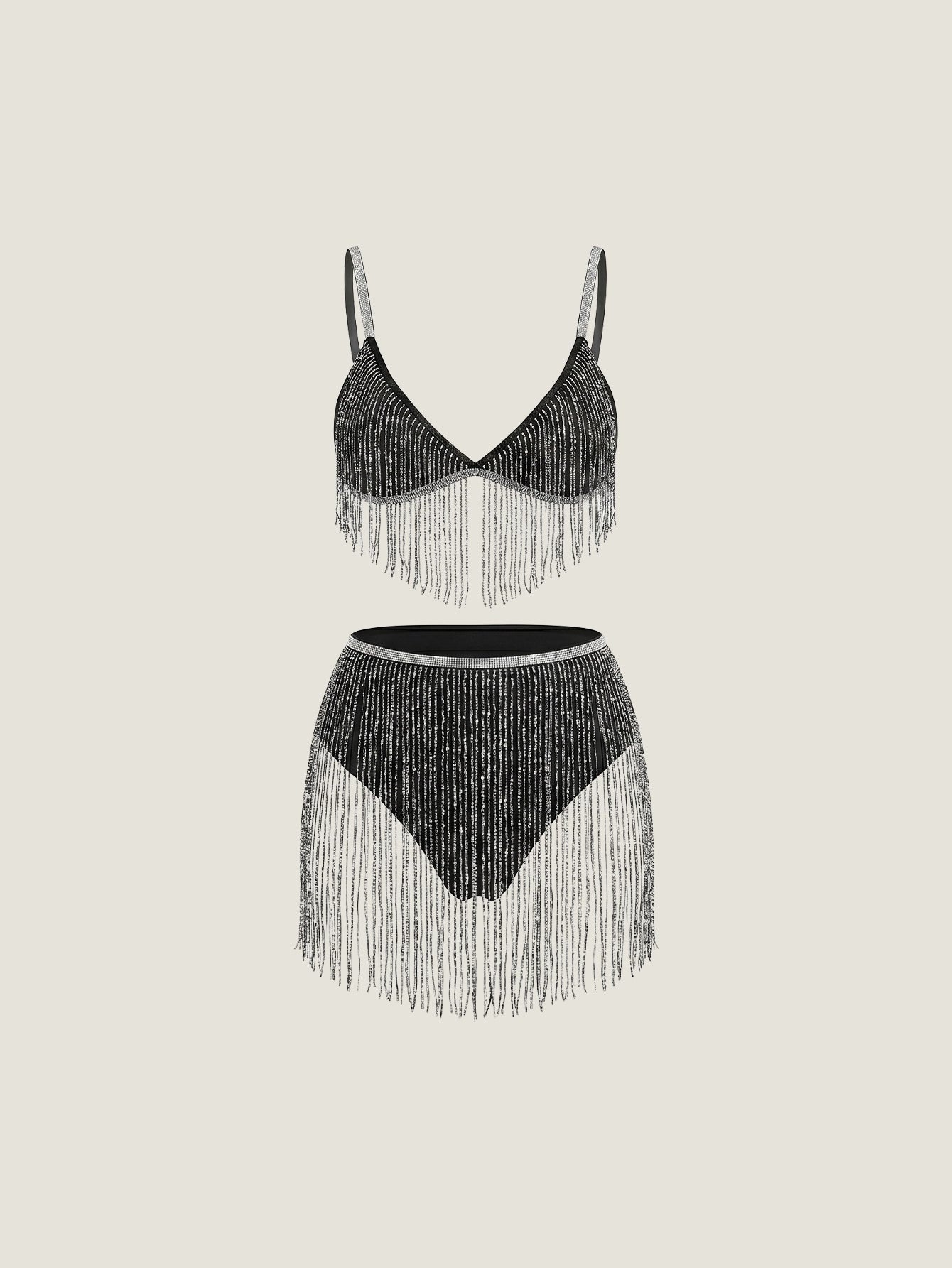 SHEIN Lingerie Black Spaghetti Strap Fringe Lingerie Set Stretch Fabric