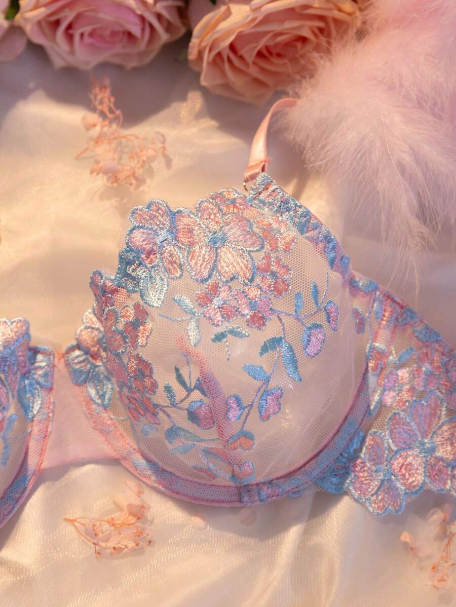 SHEIN Lingerie Multicolor 3pcs Embroidered Feather Underwire Bra Garter Belt Thong Set