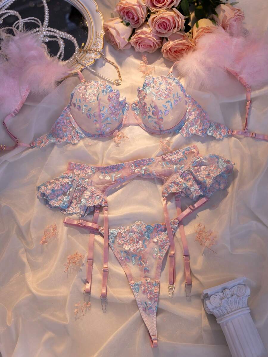 SHEIN Lingerie Multicolor 3pcs Embroidered Feather Underwire Bra Garter Belt Thong Set