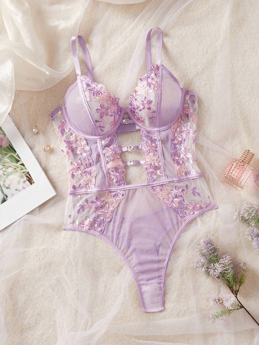 SHEIN Lingerie Crystal Vow Floral Embroidery Mesh Bodysuit