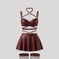 SHEIN Lingerie 5pcs PU Leather Chain Halter Bra Mini Skirt Fishnet Stockings Set