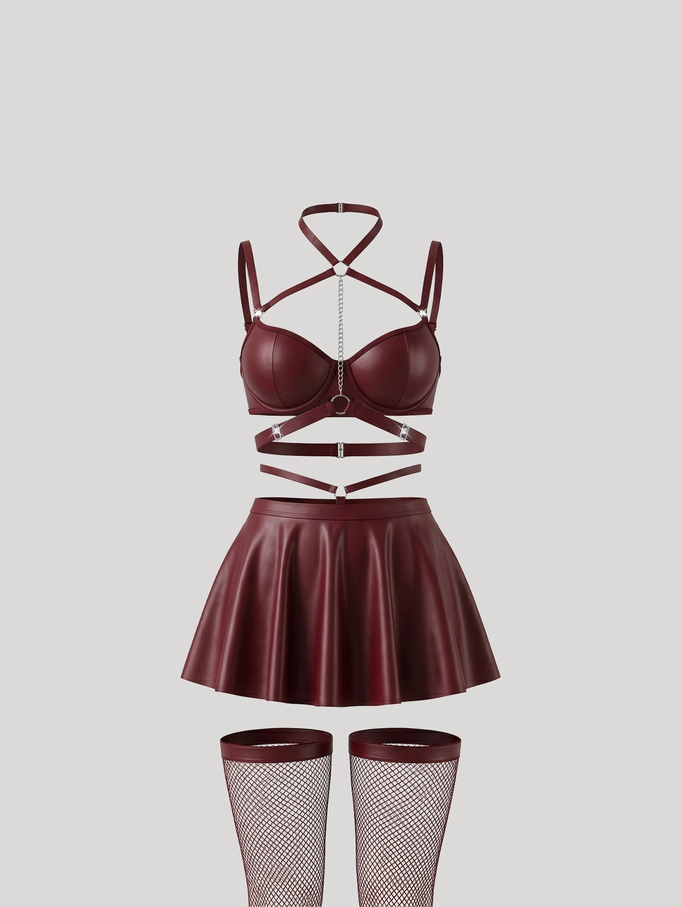 SHEIN Lingerie 5pcs PU Leather Chain Halter Bra Mini Skirt Fishnet Stockings Set