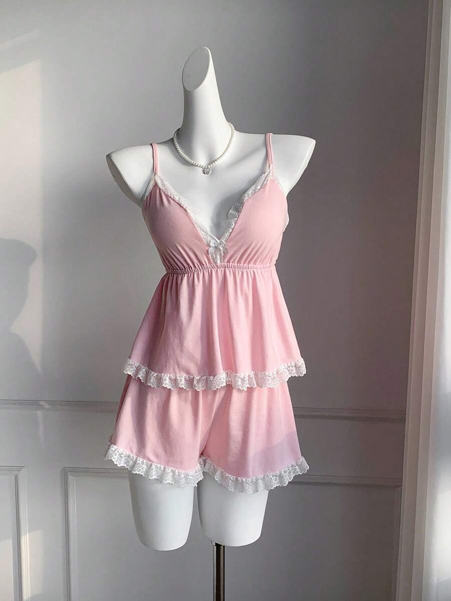 SHEIN Lingerie Comfortcana Knitted Camisole Padded Bra Lace Trim Shorts 2pcs Set