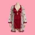 SHEIN Pink Lingerie SilkySpell 2pcs Floral Embroidery Sleep Dress Lace Robe Set