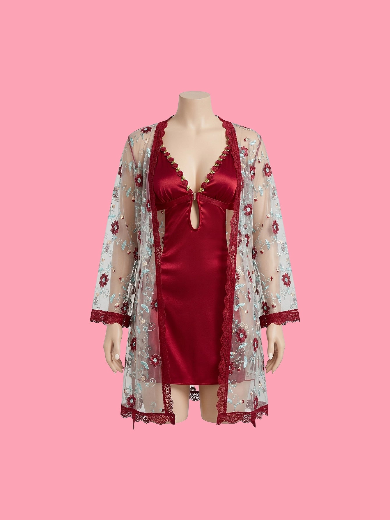 SHEIN Pink Lingerie SilkySpell 2pcs Floral Embroidery Sleep Dress Lace Robe Set