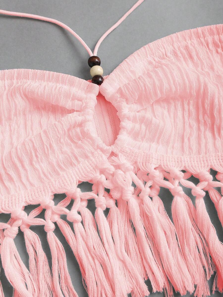 SHEIN Lingerie Fringe Knit Halter Two Piece Beach Skirt Set