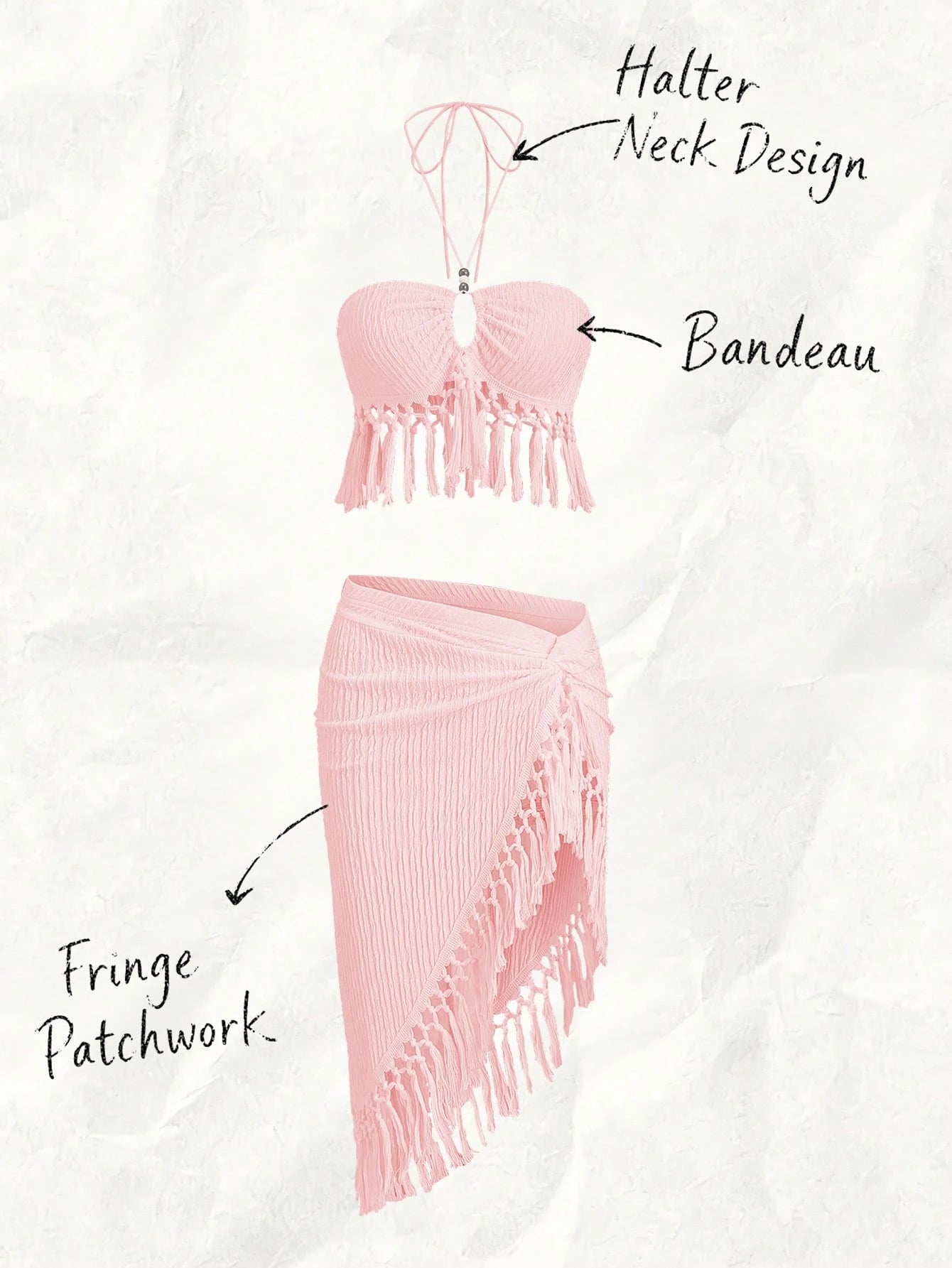 SHEIN Lingerie Fringe Knit Halter Two Piece Beach Skirt Set