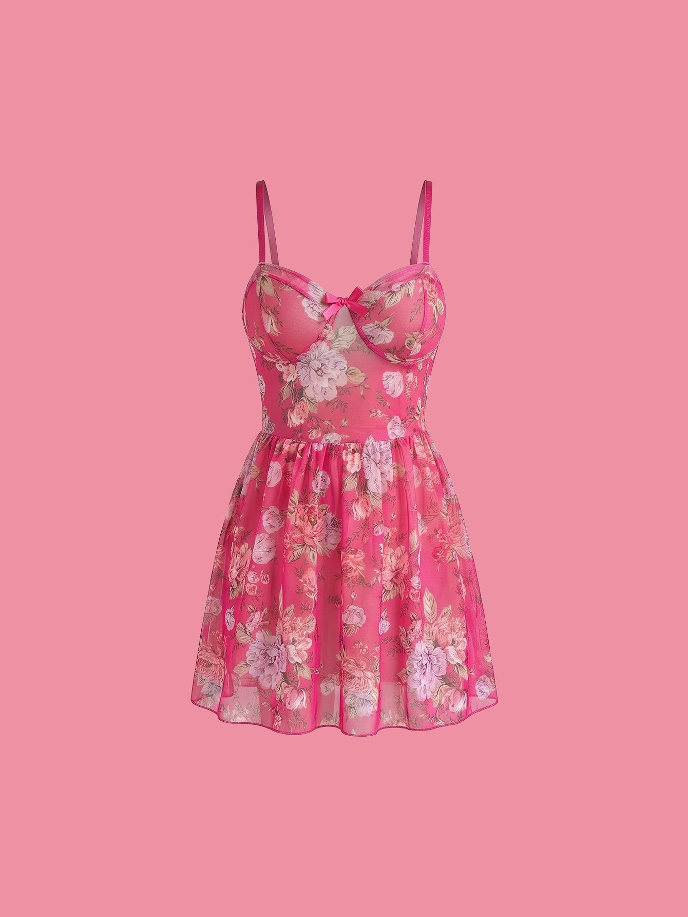 SHEIN Lingerie Floral Bow Decor Camisole Nightgown Babydoll Set
