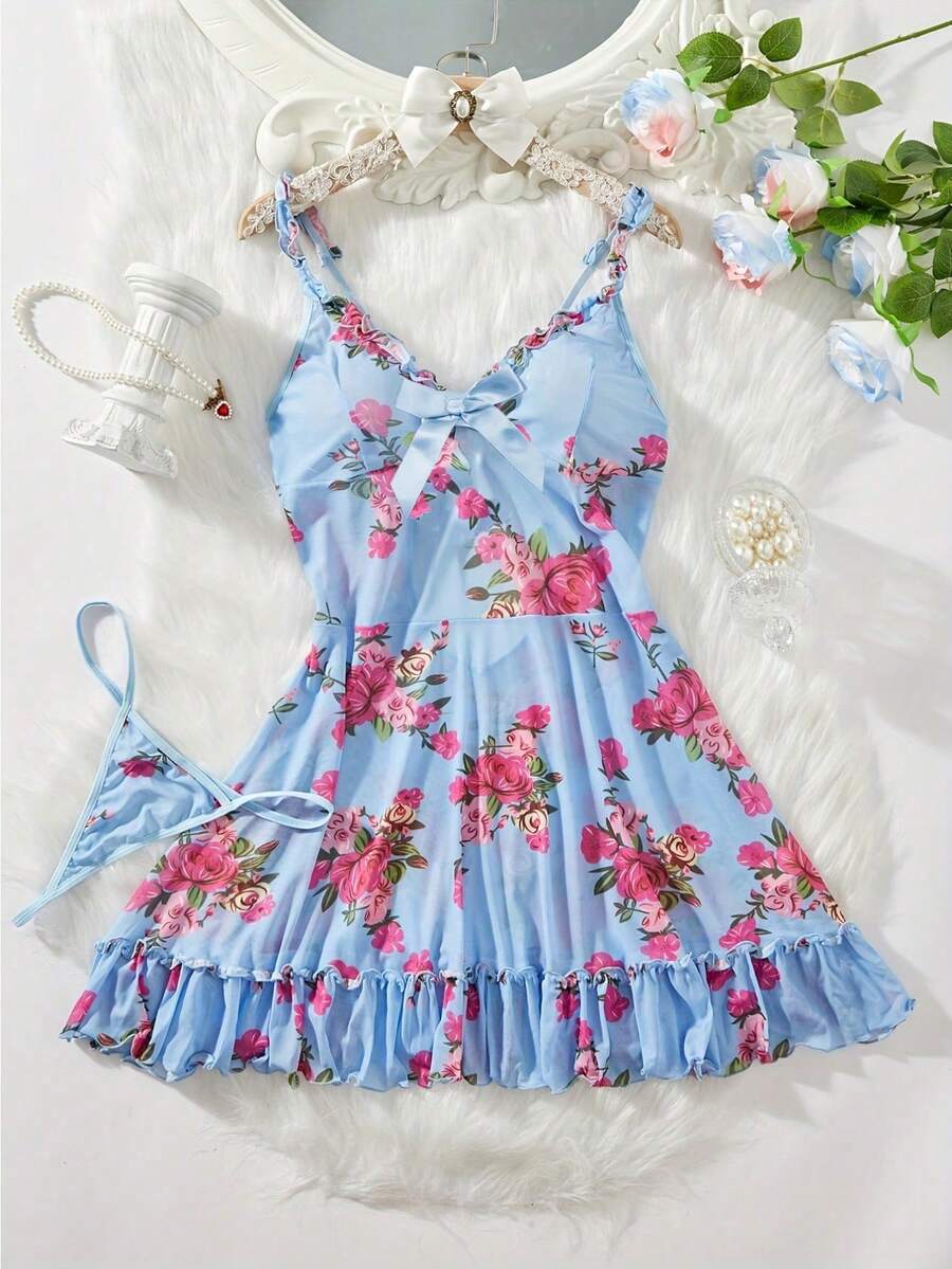 SHEIN Lingerie Floral Ruffle Two Piece Sleepwear Lingerie Set Women