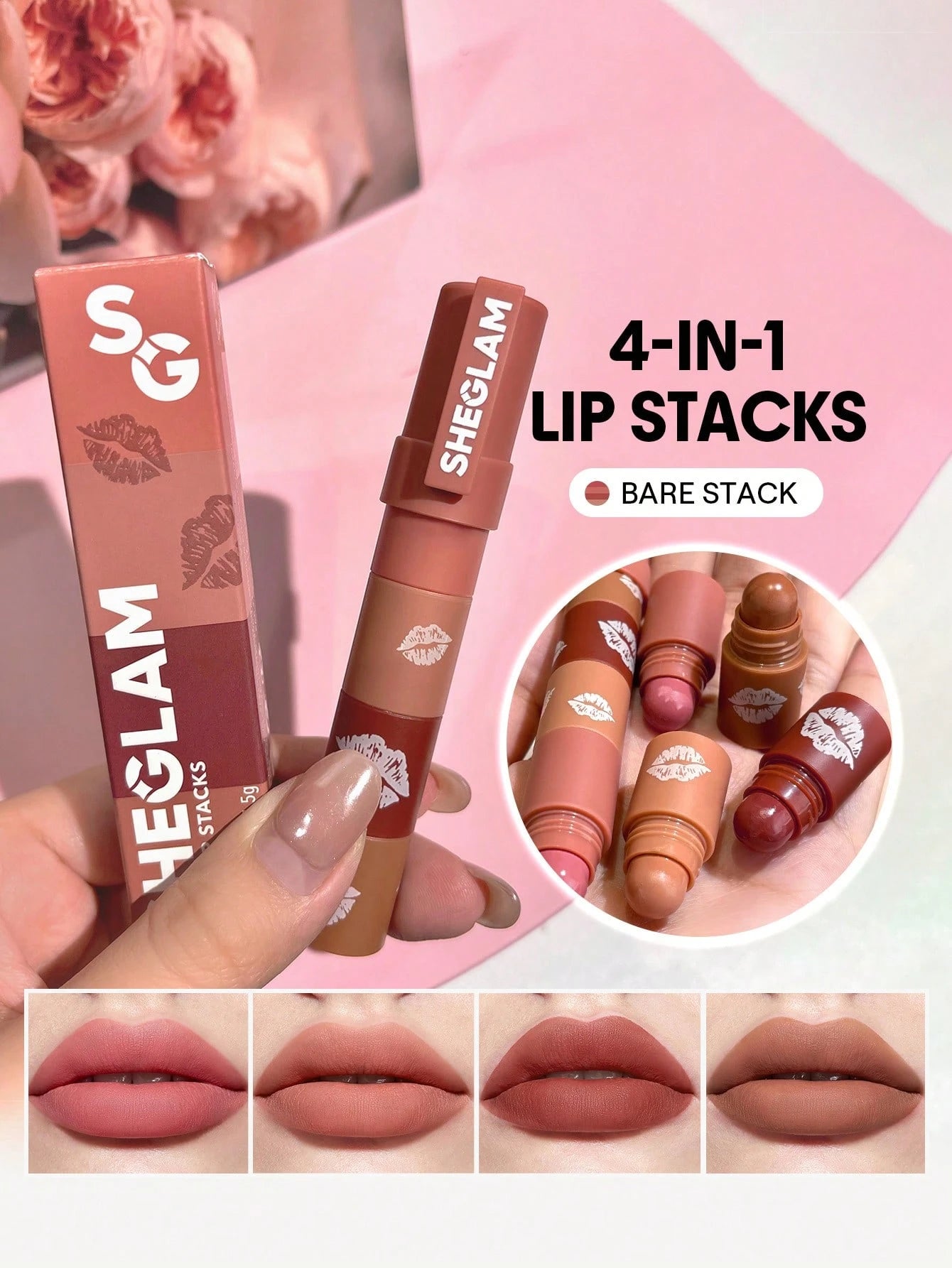 SHEGLAM Mega Lip Stacks Nude Bare Stack 4?In?1 Creamy Matte High Pigment Non?Drying Portable Lipstick Kit