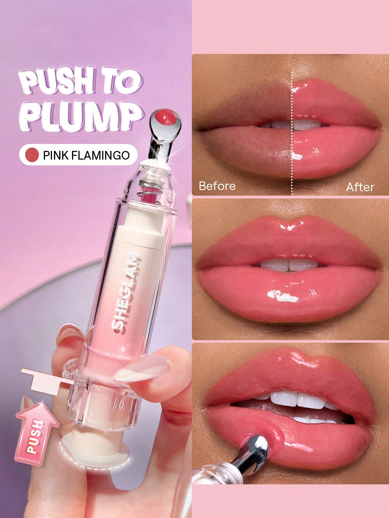 SHEGLAM Booster Shine Plumping Lip Gloss Pink Flamingo Moisturizing High Shine Non?Sticky Lip Gloss for Fuller Lips