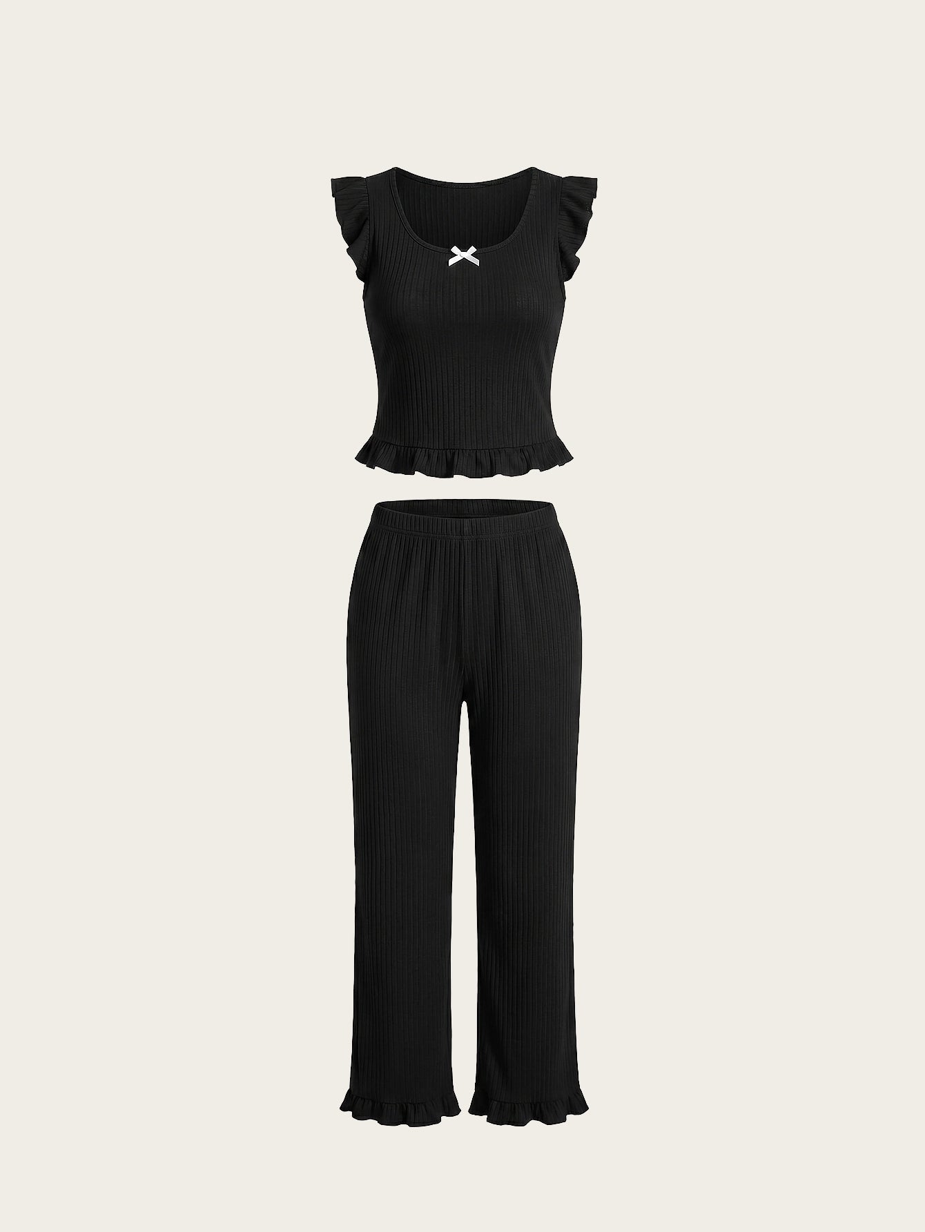 SHEIN Women's Pijama Snug Zone Elegant Minimalist Ruffled Trim Home Clothing Outfit Set