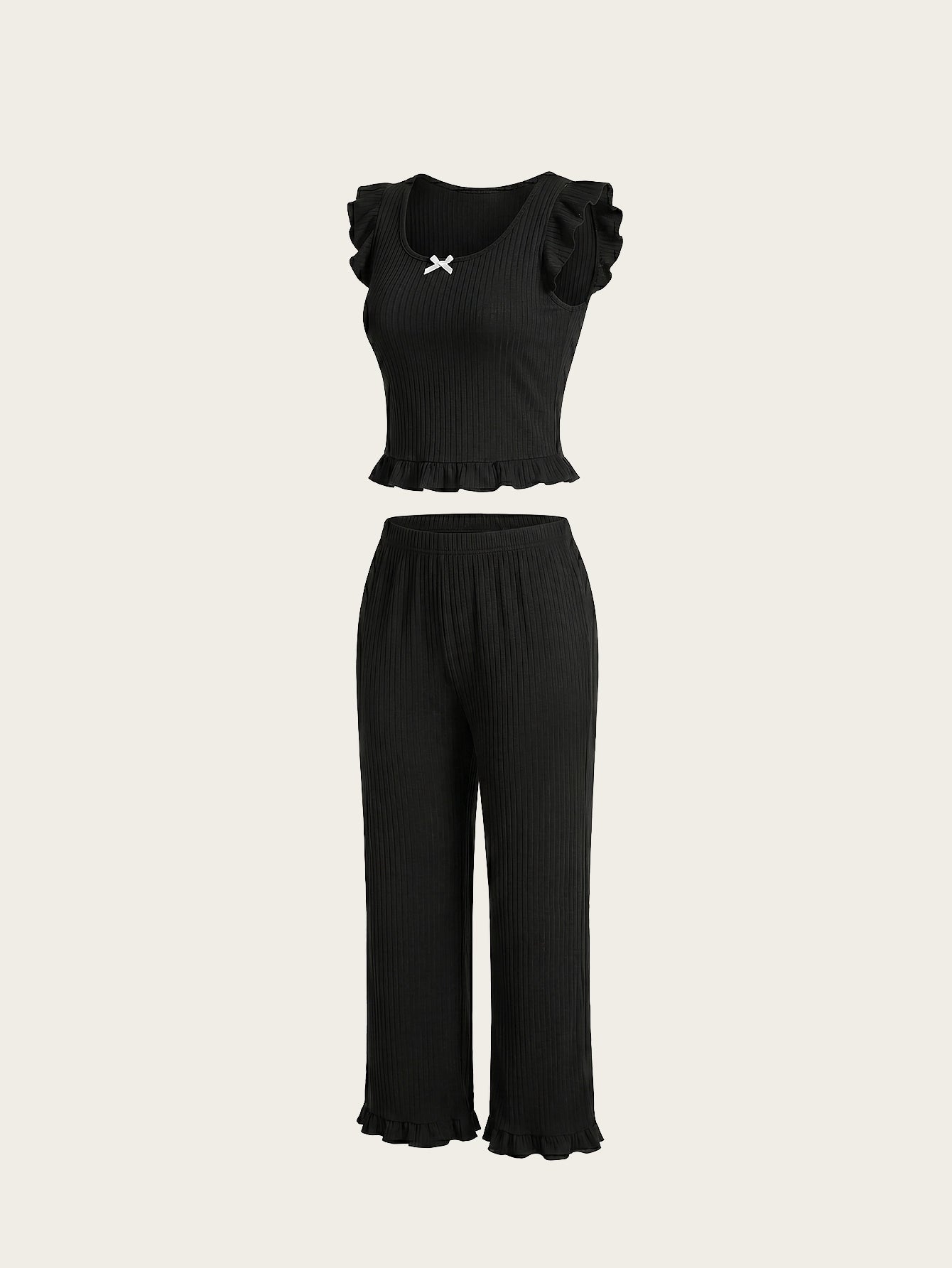 SHEIN Women's Pijama Snug Zone Elegant Minimalist Ruffled Trim Home Clothing Outfit Set