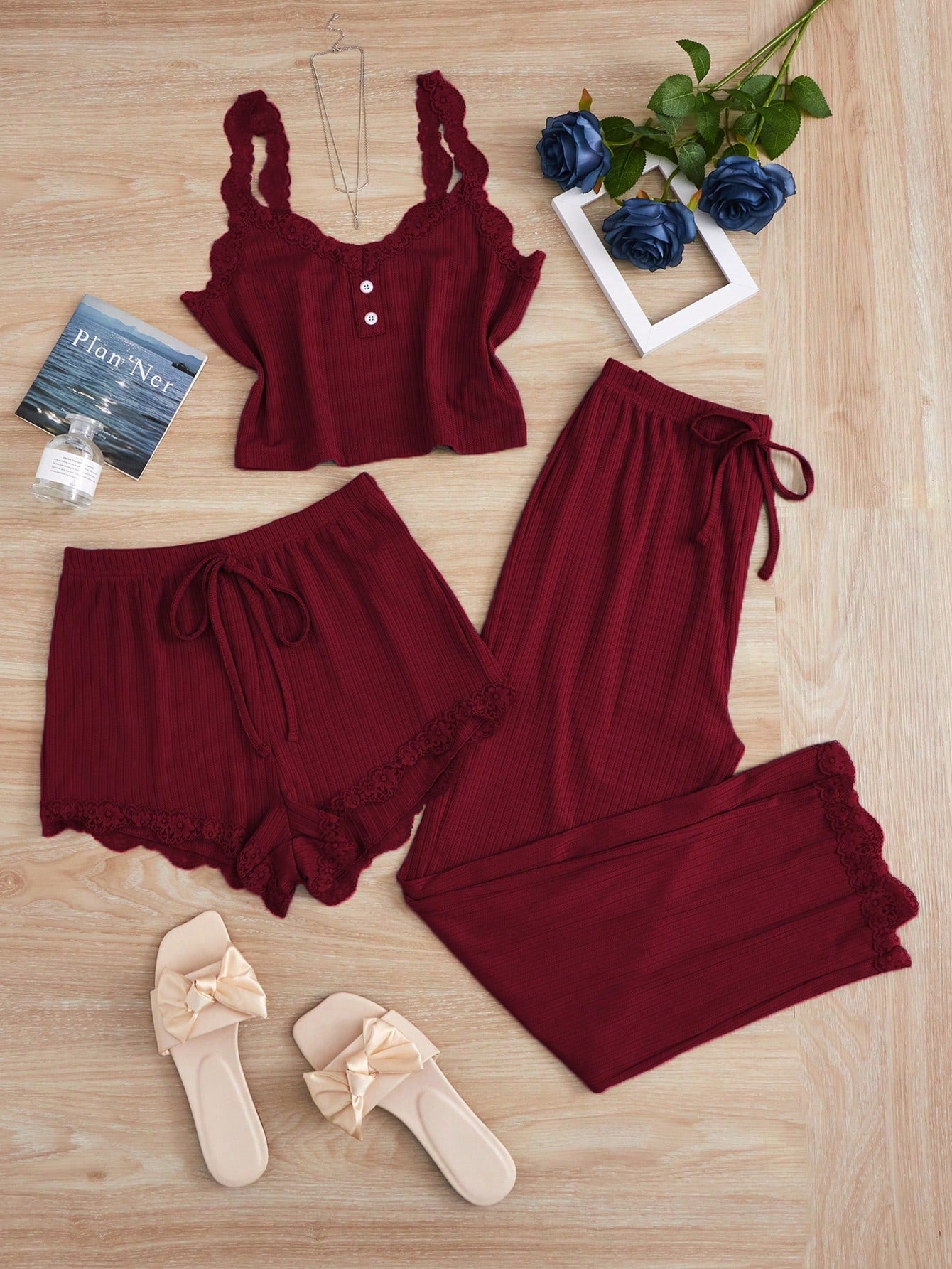 SHEIN Women's Solid Color Lace Patchwork Pajama Lounge Set