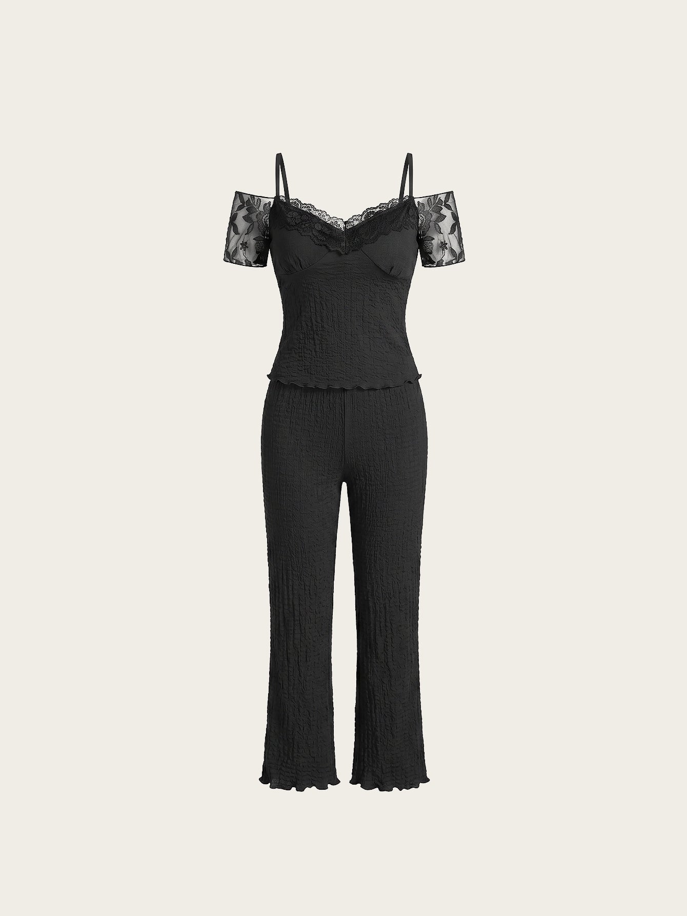 SHEIN Women's Pijama Snug Zone Lace Insert Off Shoulder Cami Pants Sleepwear Set