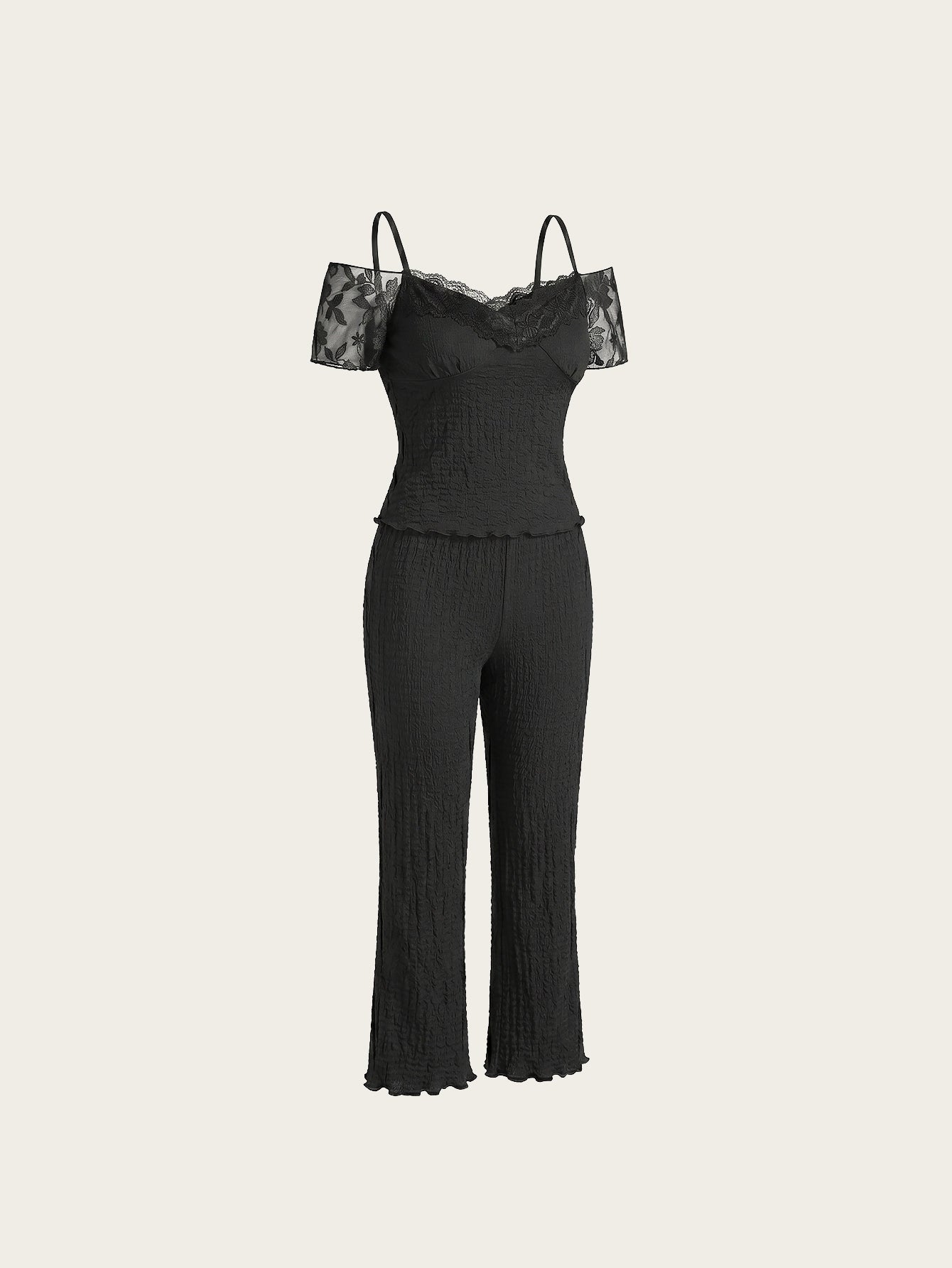 SHEIN Women's Pijama Snug Zone Lace Insert Off Shoulder Cami Pants Sleepwear Set