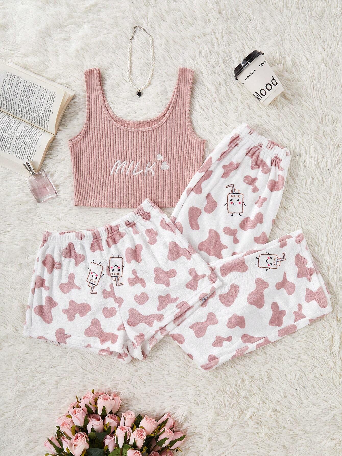 SHEIN Women Crew Neck Embroidered Tank And Shorts Pajama Set