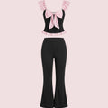 SHEIN Women's Pijama Snug Zone Romantic Elegant Contrast Color Bow Knot Ruffle Trim Pajama Set