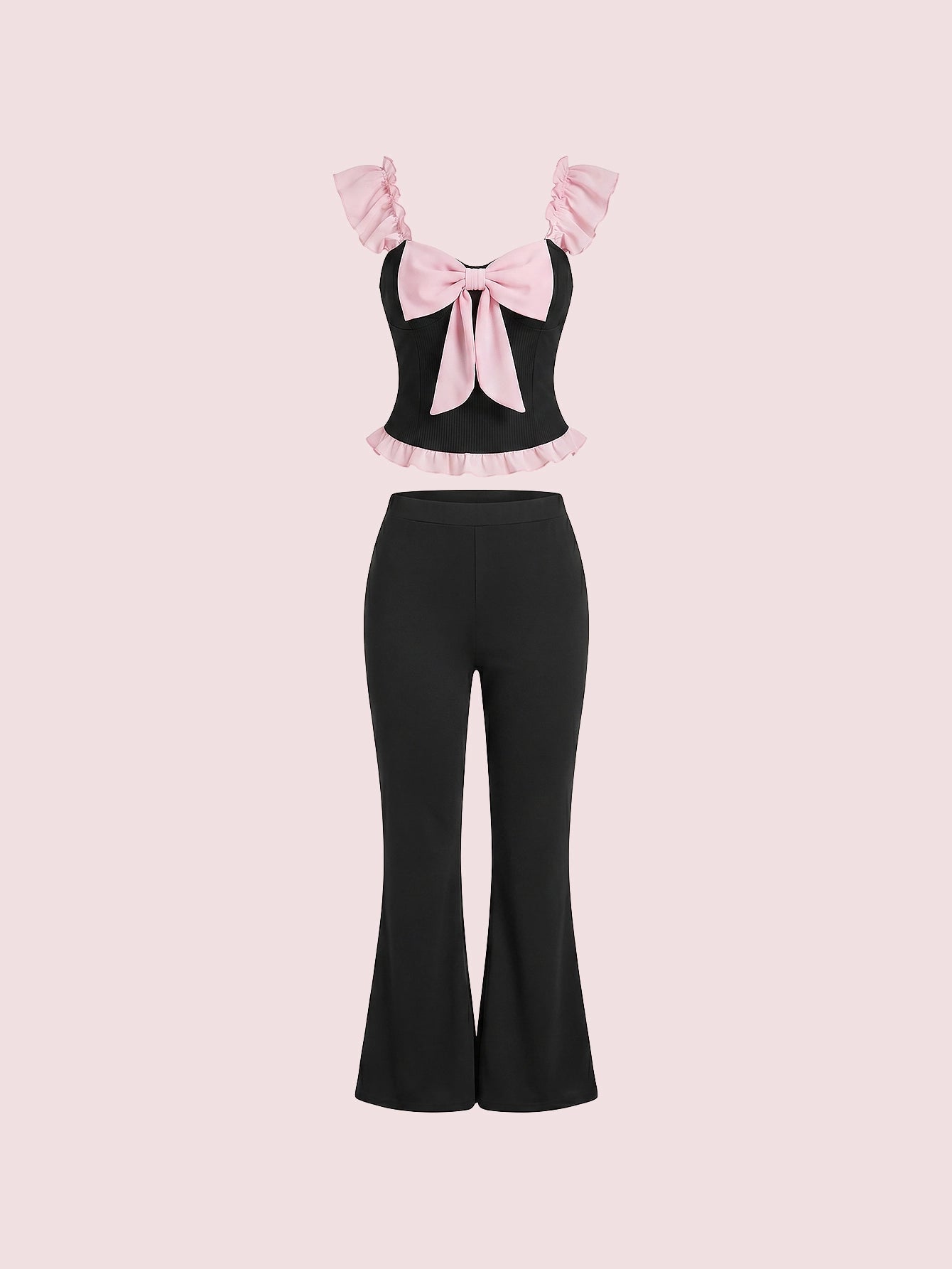 SHEIN Women's Pijama Snug Zone Romantic Elegant Contrast Color Bow Knot Ruffle Trim Pajama Set