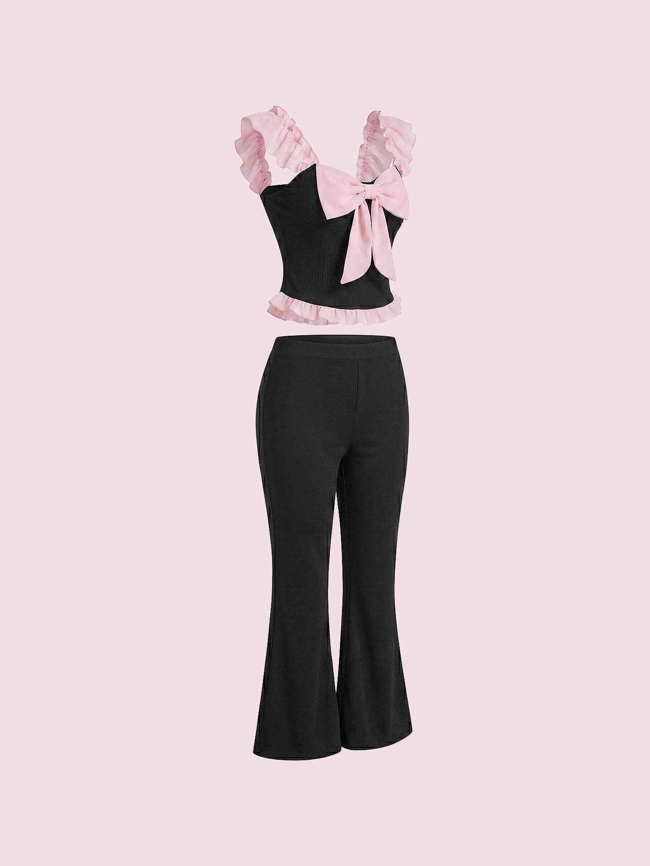 SHEIN Women's Pijama Snug Zone Romantic Elegant Contrast Color Bow Knot Ruffle Trim Pajama Set
