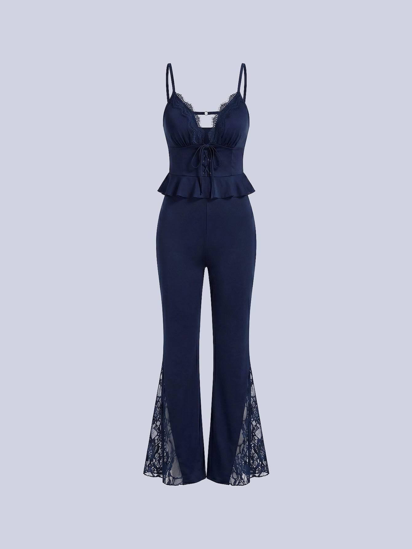 SHEIN Women's Pijama Snug Zone Lace Contrast Backless Spaghetti Strap Flared Pants Sexy Sleepwear Pajama Set